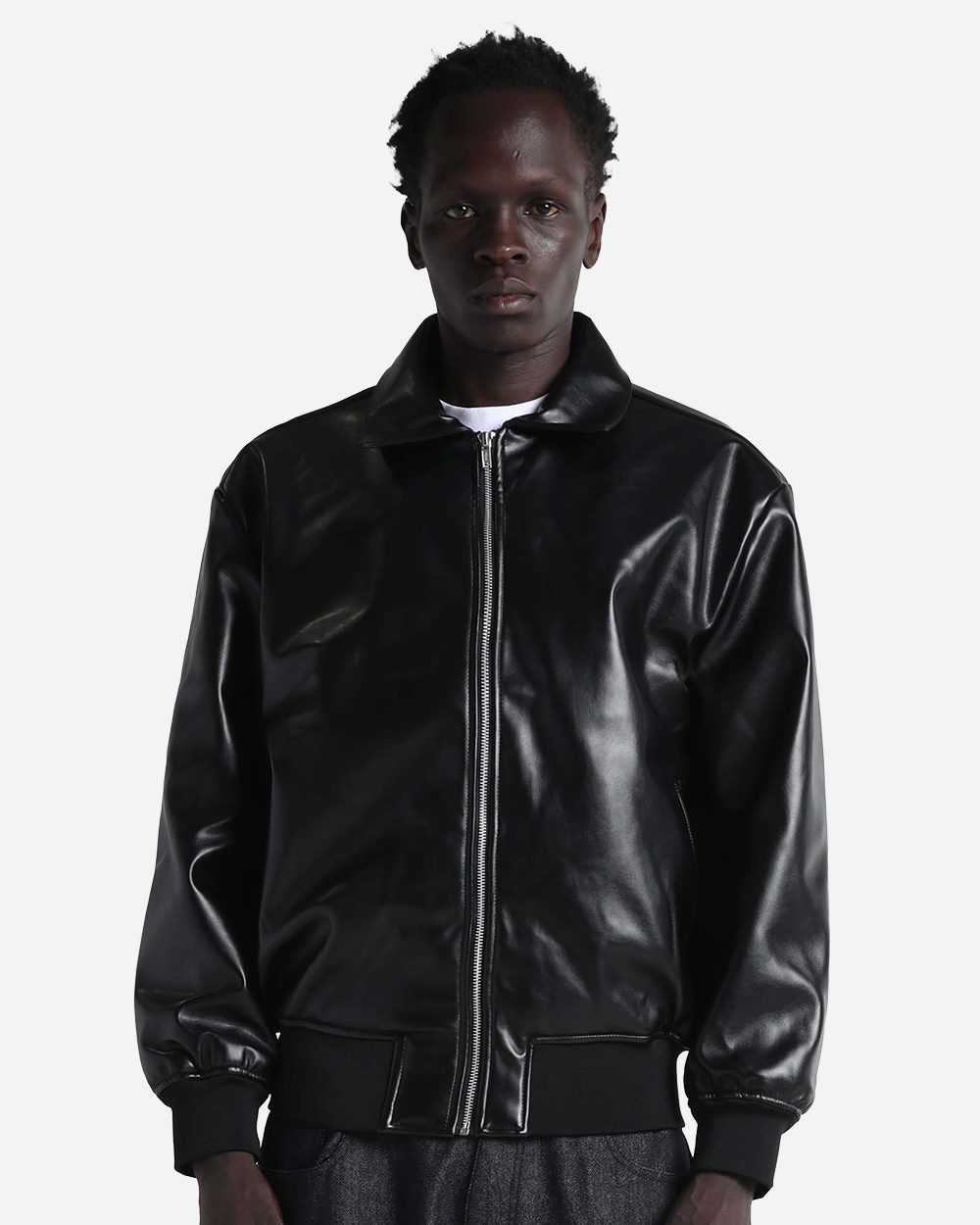 Unisex PU Leather Collared Varsity Jacket